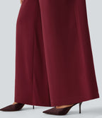 V-neck Puff Long Sleeve Belted Wide Leg Party Jumpsuit with Pockets — Cabernet — view 8