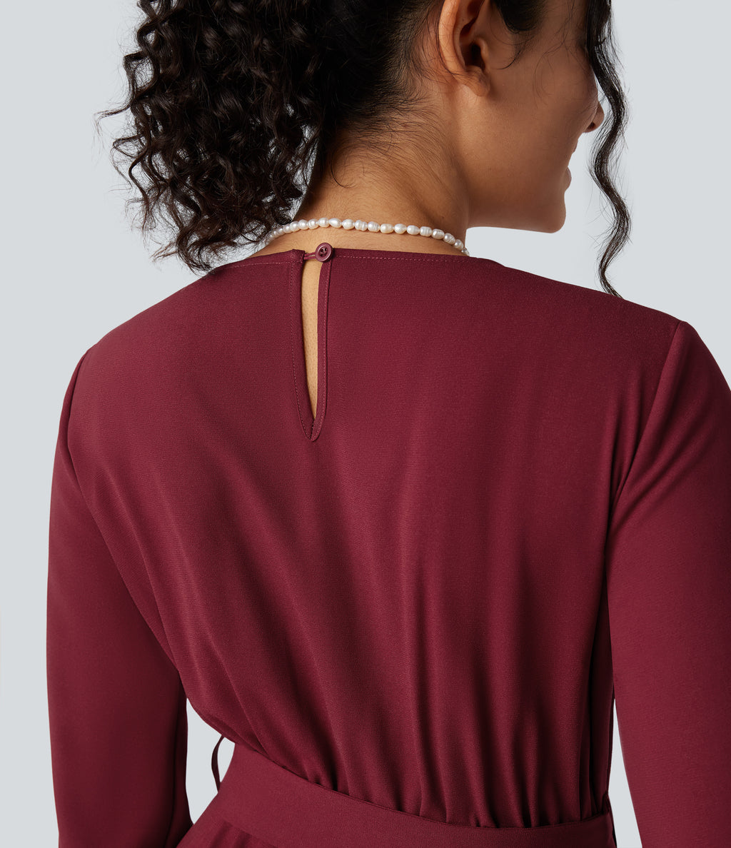 V-neck Puff Long Sleeve Belted Wide Leg Party Jumpsuit with Pockets — Cabernet — view 7