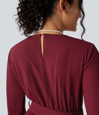 V-neck Puff Long Sleeve Belted Wide Leg Party Jumpsuit with Pockets — Cabernet — view 7