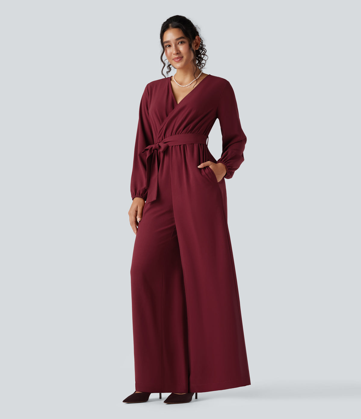 V-neck Puff Long Sleeve Belted Wide Leg Party Jumpsuit with Pockets — Cabernet — view 3