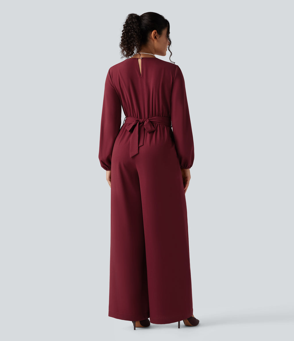 V-neck Puff Long Sleeve Belted Wide Leg Party Jumpsuit with Pockets — Cabernet — view 5