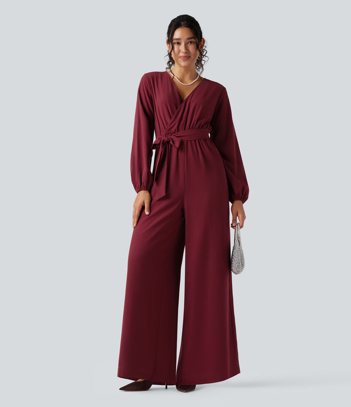 V-neck Puff Long Sleeve Belted Wide Leg Party Jumpsuit with Pockets — Cabernet — view 1
