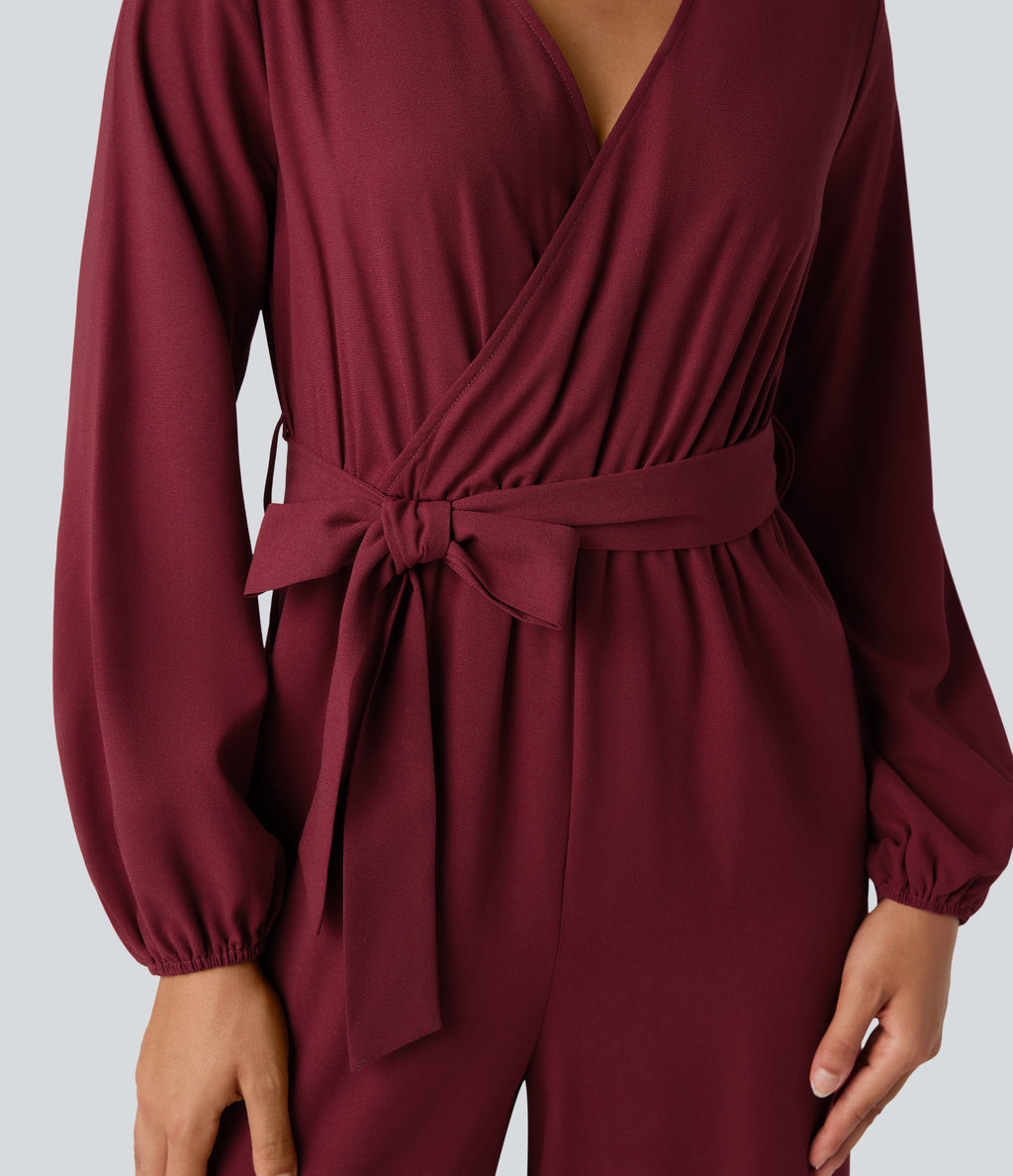 V-neck Puff Long Sleeve Belted Wide Leg Party Jumpsuit with Pockets — Cabernet — view 6