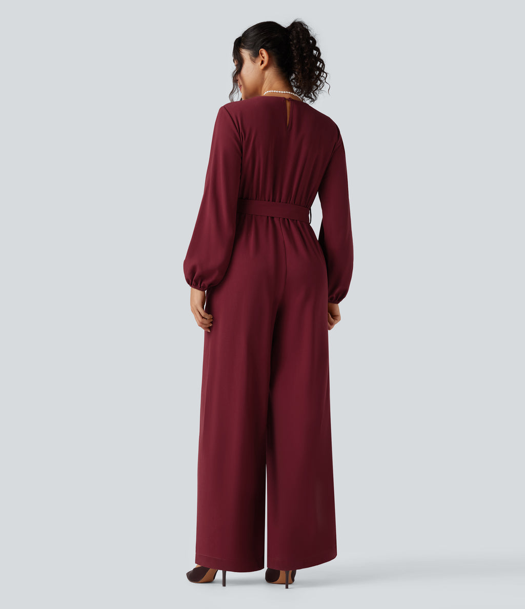 V-neck Puff Long Sleeve Belted Wide Leg Party Jumpsuit with Pockets — Cabernet — view 2