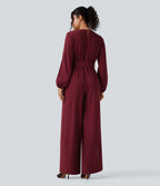 V-neck Puff Long Sleeve Belted Wide Leg Party Jumpsuit with Pockets — Cabernet — view 2
