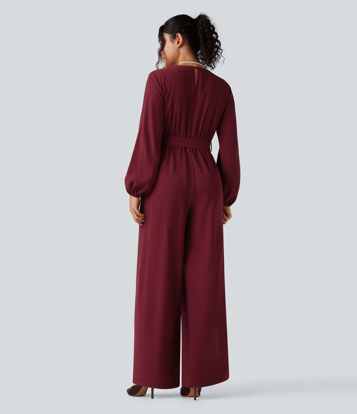 V-neck Puff Long Sleeve Belted Wide Leg Party Jumpsuit with Pockets — Cabernet — view 2