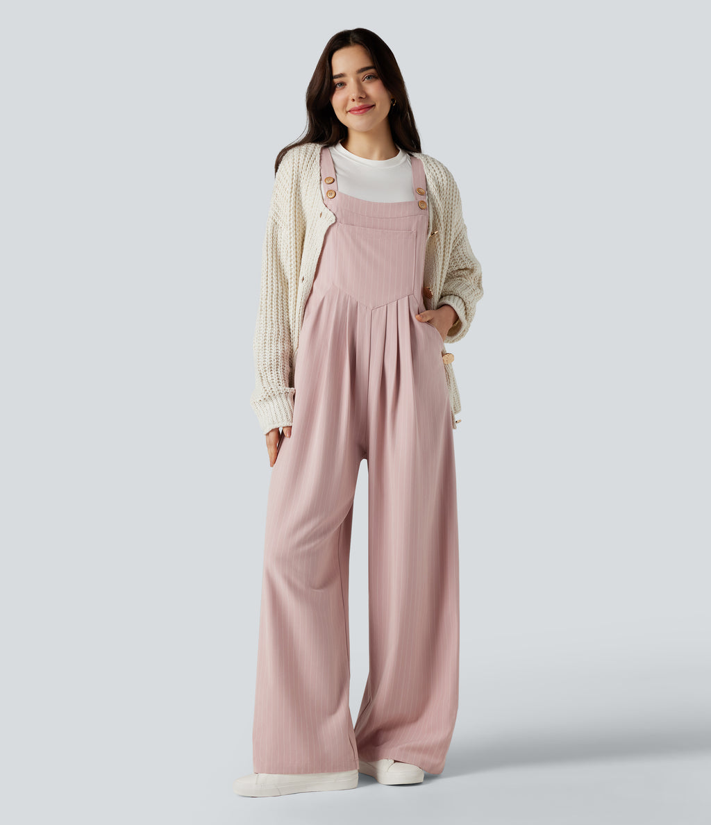 Wide Leg Stripe Dungarees with Pockets — Pink Frosting Stripes — view 6
