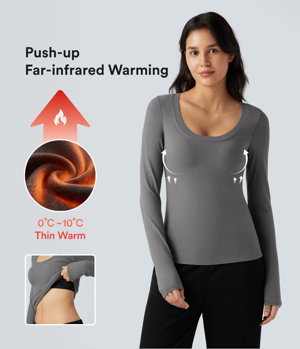 HeatCore Scoop Neck Push-Up Long Sleeve Casual Warming Top A/B Cup — Steel Gray — view 1