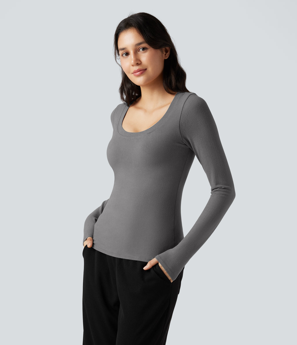 HeatCore Scoop Neck Push-Up Long Sleeve Casual Warming Top A/B Cup — Steel Gray — view 3