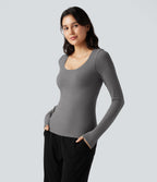 HeatCore Scoop Neck Push-Up Long Sleeve Casual Warming Top A/B Cup — Steel Gray — view 3