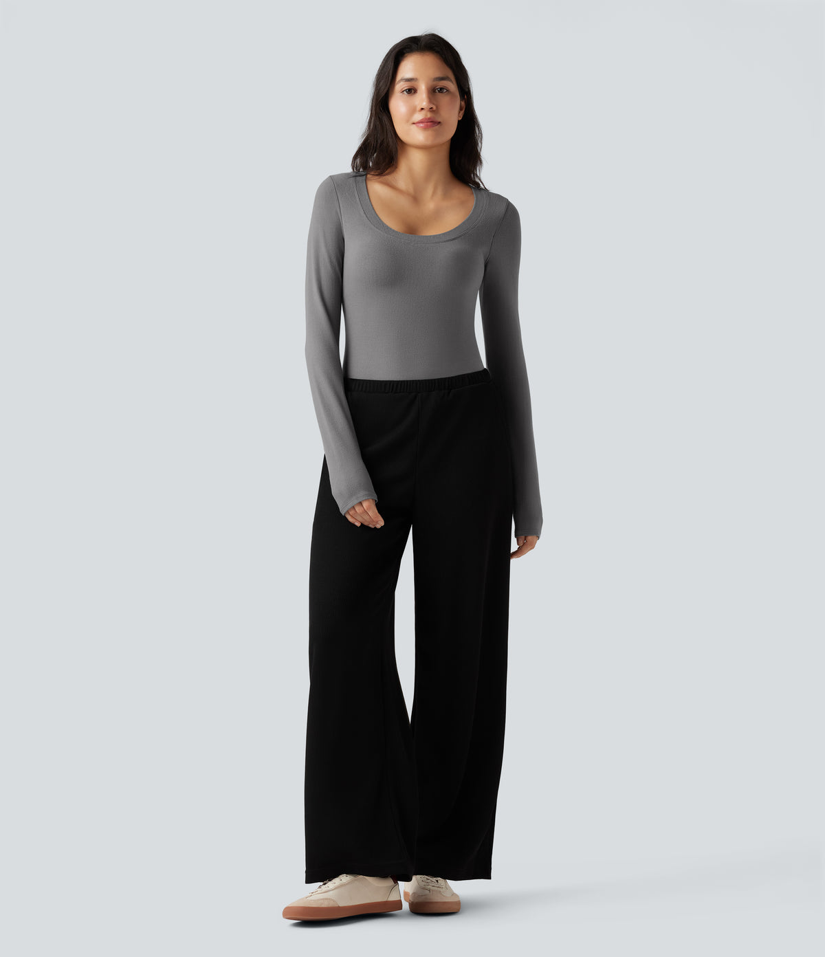HeatCore Scoop Neck Push-Up Long Sleeve Casual Warming Top A/B Cup — Steel Gray — view 6