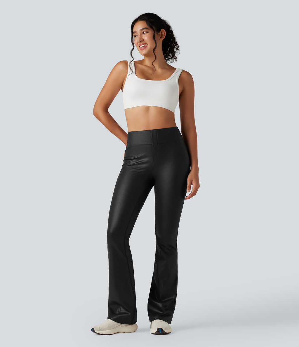Faux Leather Shine High Waisted Bootcut Yoga Trousers with Pockets — Black — view 7