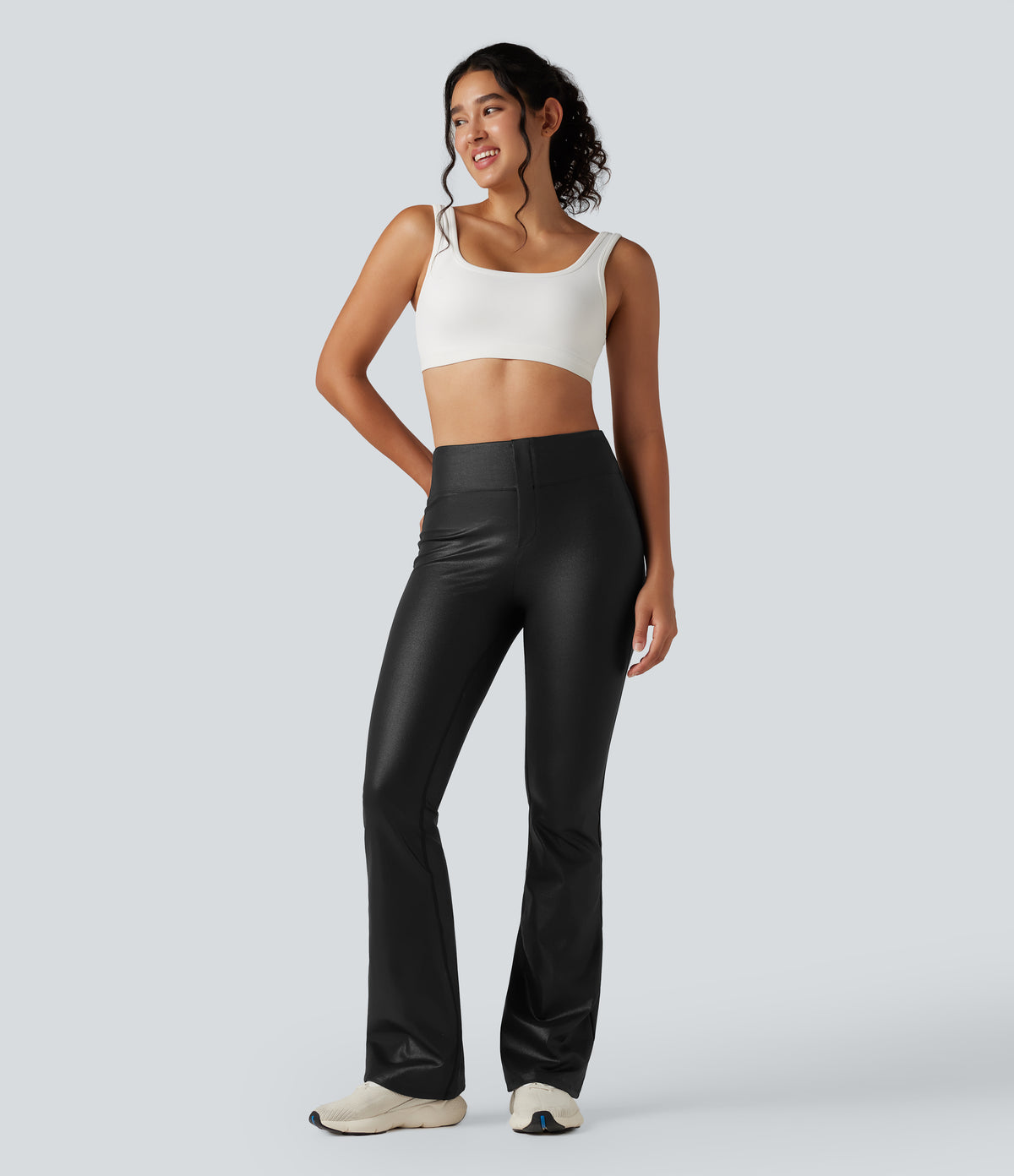 Faux Leather Shine High Waisted Bootcut Yoga Trousers with Pockets — Black — view 7