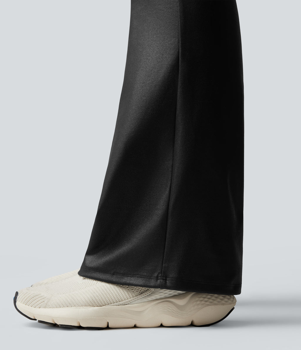 Faux Leather Shine High Waisted Bootcut Yoga Trousers with Pockets — Black — view 6
