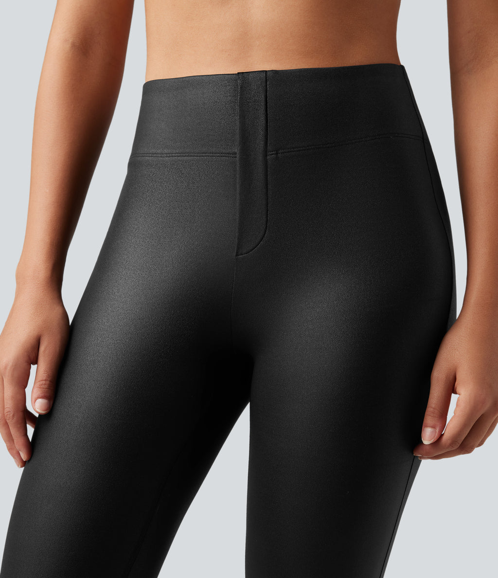 Faux Leather Shine High Waisted Bootcut Yoga Trousers with Pockets — Black — view 5