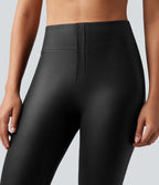 Faux Leather Shine High Waisted Bootcut Yoga Trousers with Pockets — Black — view 5