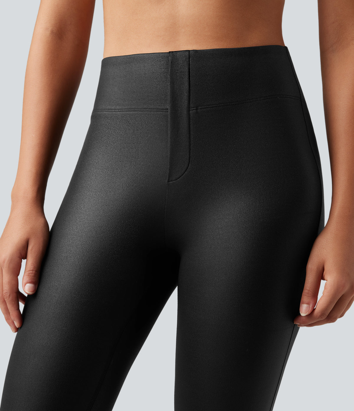 Faux Leather Shine High Waisted Bootcut Yoga Trousers with Pockets — Black — view 5