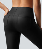 Faux Leather Shine High Waisted Bootcut Yoga Trousers with Pockets — Black — view 4