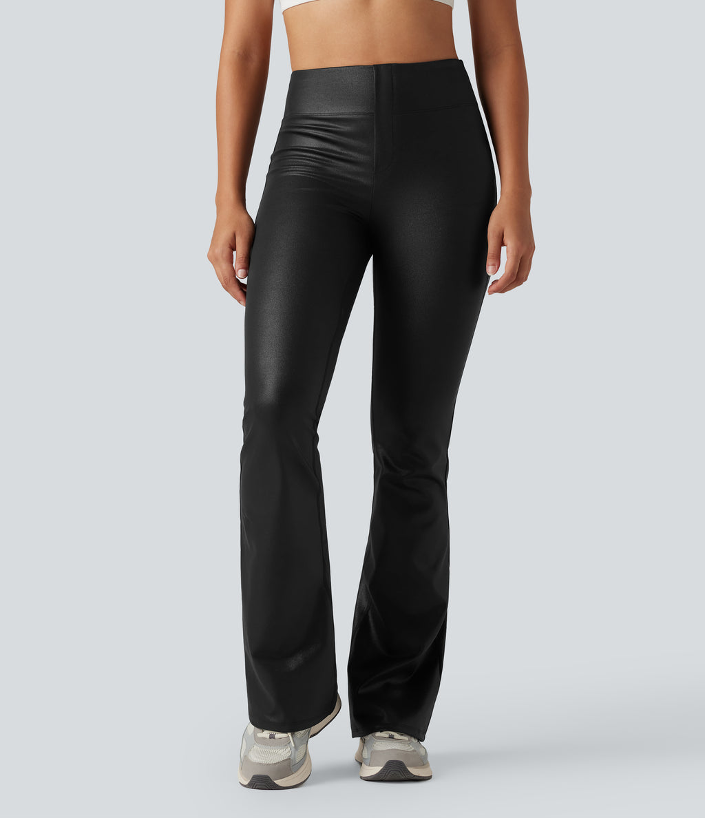 Faux Leather Shine High Waisted Bootcut Yoga Trousers with Pockets — Black — view 3