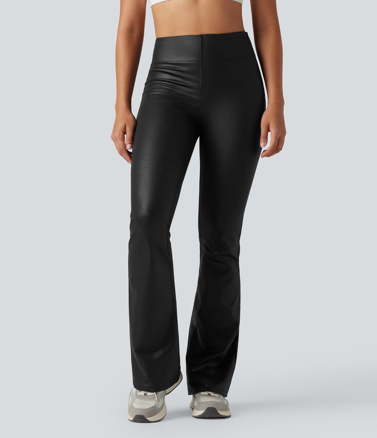 Faux Leather Shine High Waisted Bootcut Yoga Trousers with Pockets — Black — view 3