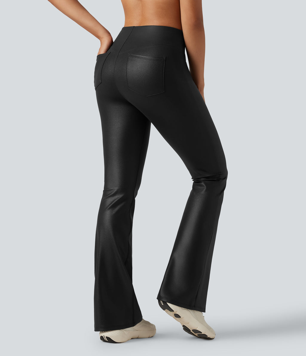 Faux Leather Shine High Waisted Bootcut Yoga Trousers with Pockets — Black — view 2