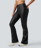 Faux Leather Shine High Waisted Bootcut Yoga Trousers with Pockets — Black — view 1