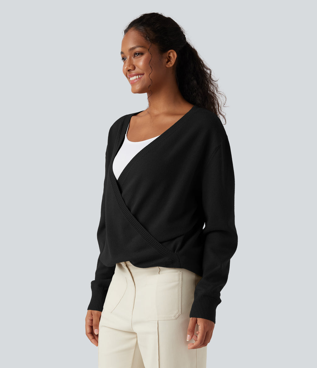 Crossover V Neck Long Sleeve Casual Jumper-Front and Back Wearable — Black — view 5