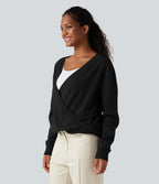 Crossover V Neck Long Sleeve Casual Jumper-Front and Back Wearable — Black — view 5