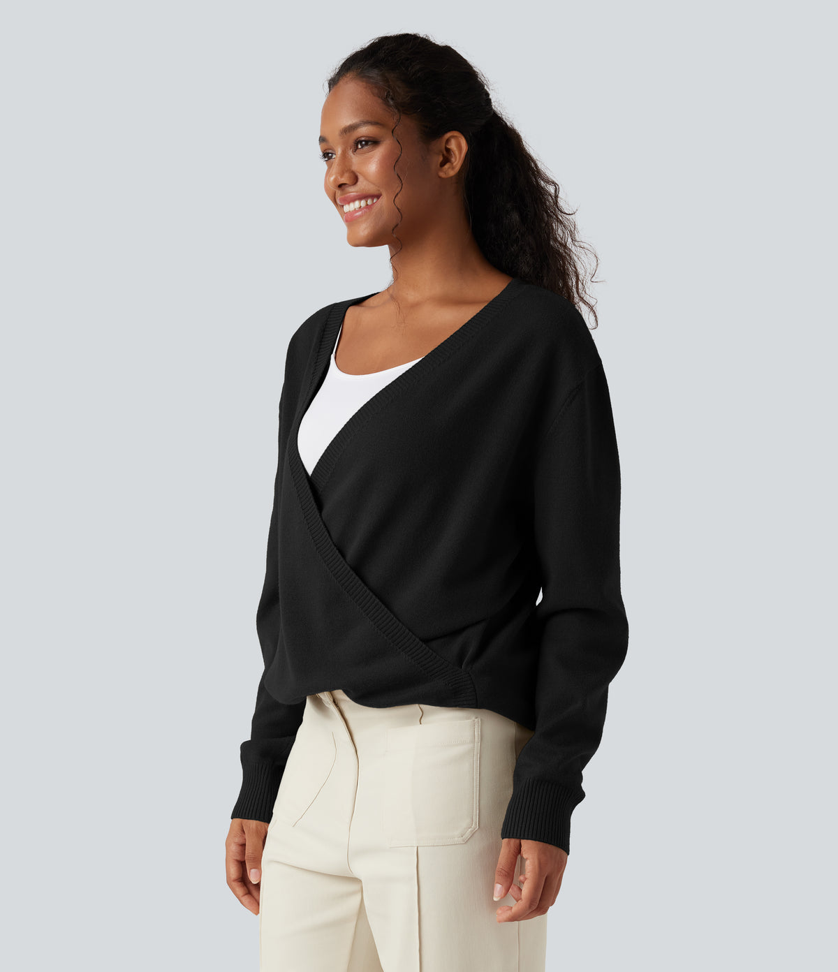 Crossover V Neck Long Sleeve Casual Jumper-Front and Back Wearable — Black — view 5