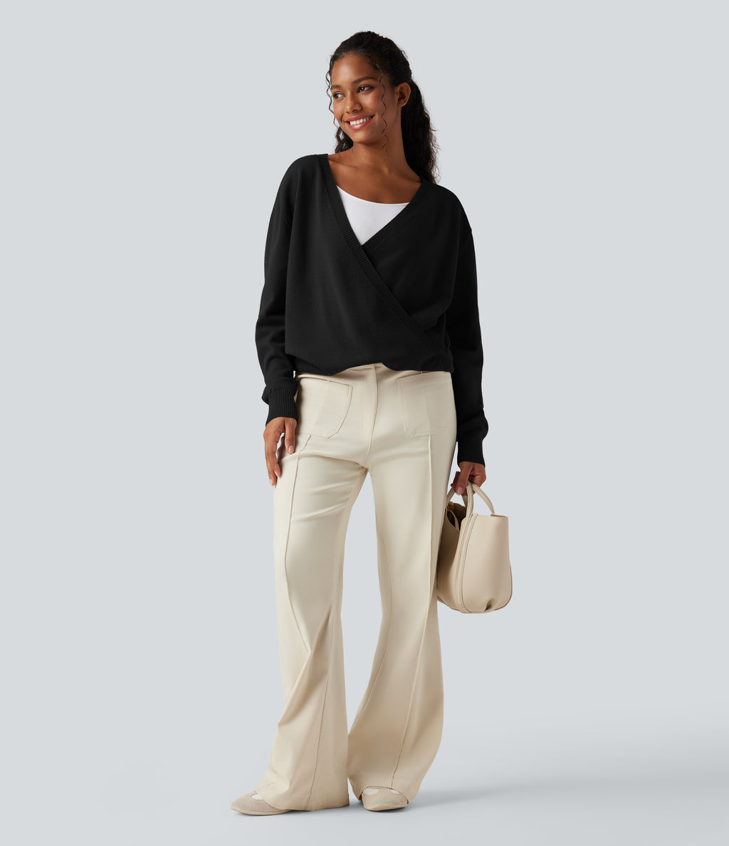 Crossover V Neck Long Sleeve Casual Jumper-Front and Back Wearable — Black — view 8
