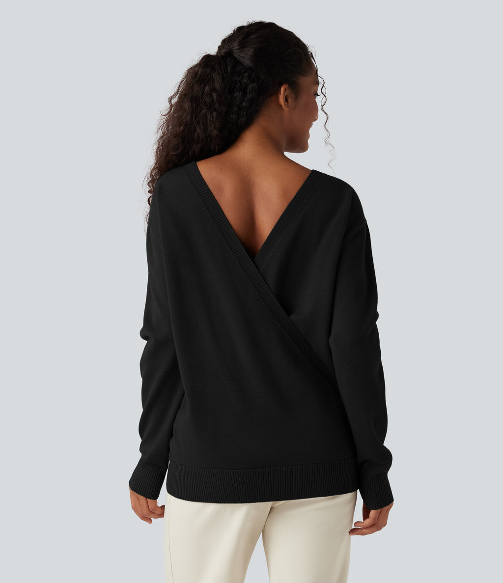 Crossover V Neck Long Sleeve Casual Jumper-Front and Back Wearable — Black — view 4