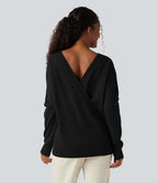 Crossover V Neck Long Sleeve Casual Jumper-Front and Back Wearable — Black — view 4