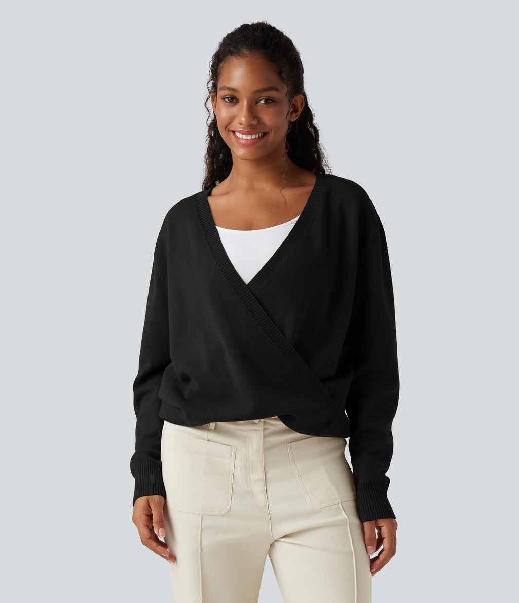 Crossover V Neck Long Sleeve Casual Jumper-Front and Back Wearable — Black — view 1