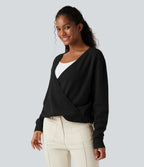 Crossover V Neck Long Sleeve Casual Jumper-Front and Back Wearable — Black — view 7