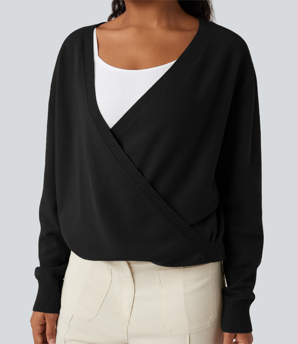 Crossover V Neck Long Sleeve Casual Jumper-Front and Back Wearable — Black — view 6