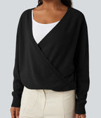 Crossover V Neck Long Sleeve Casual Jumper-Front and Back Wearable — Black — view 6