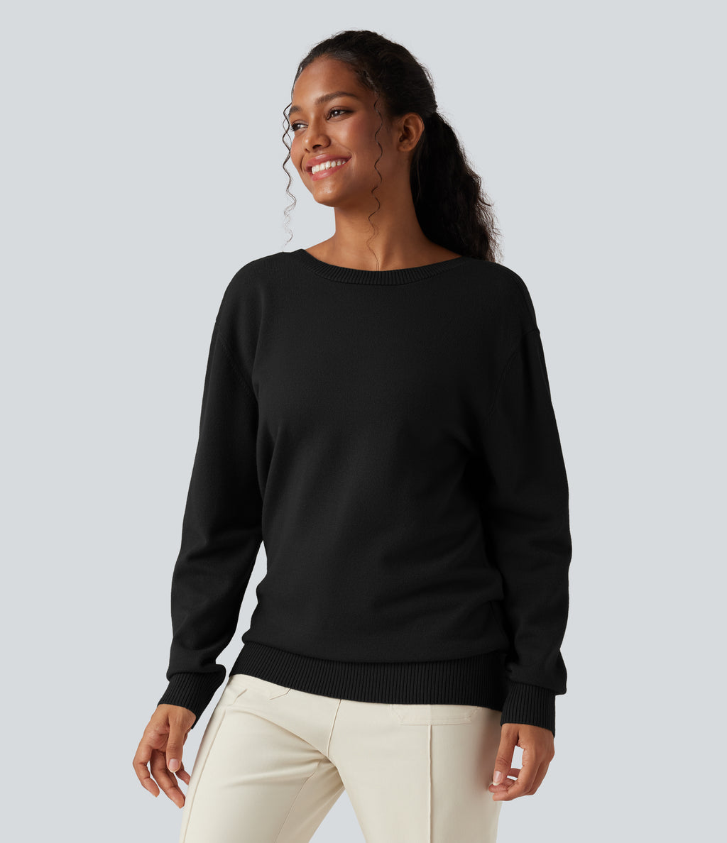 Crossover V Neck Long Sleeve Casual Jumper-Front and Back Wearable — Black — view 2