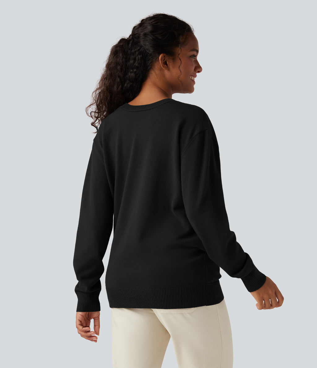 Crossover V Neck Long Sleeve Casual Jumper-Front and Back Wearable — Black — view 3