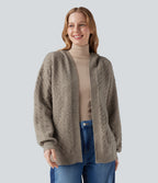 Hooded Open Front Long Sleeve Casual Cardigan — Birch Brown — view 1
