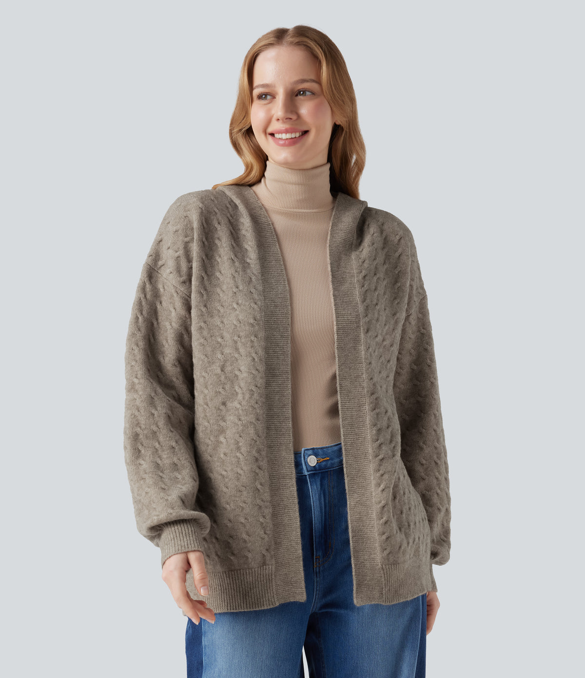 Hooded Open Front Long Sleeve Casual Cardigan — Birch Brown — view 1