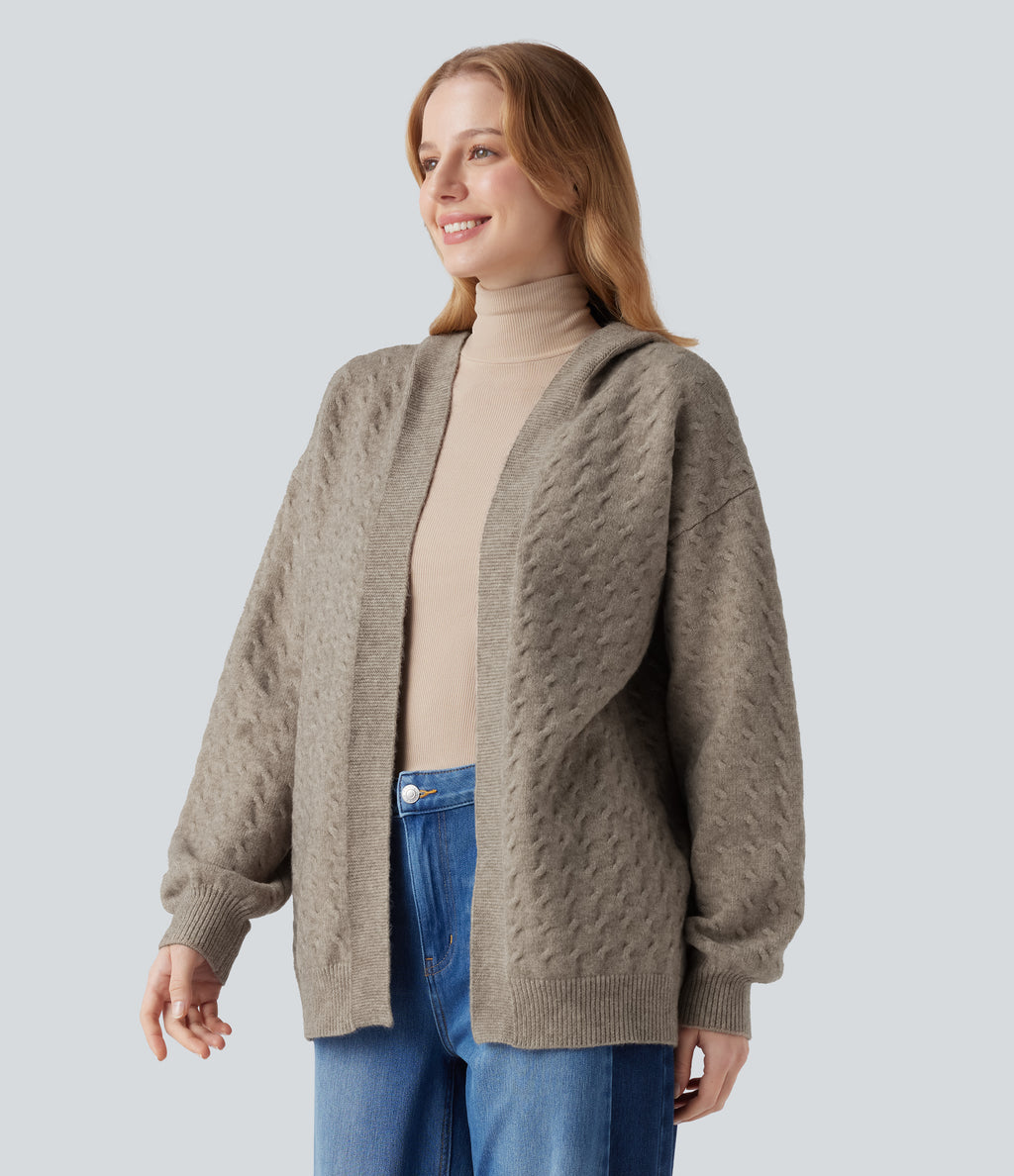 Hooded Open Front Long Sleeve Casual Cardigan — Birch Brown — view 3