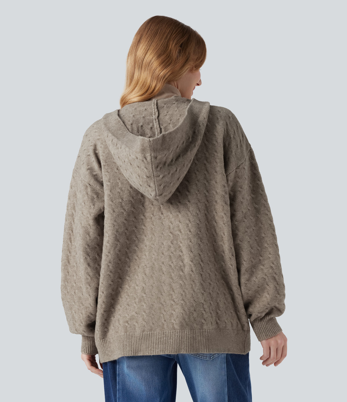 Hooded Open Front Long Sleeve Casual Cardigan — Birch Brown — view 2