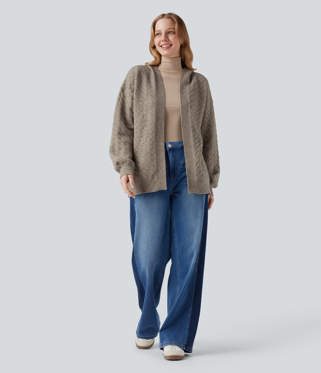Hooded Open Front Long Sleeve Casual Cardigan — Birch Brown — view 6