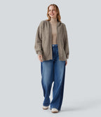 Hooded Open Front Long Sleeve Casual Cardigan — Birch Brown — view 6