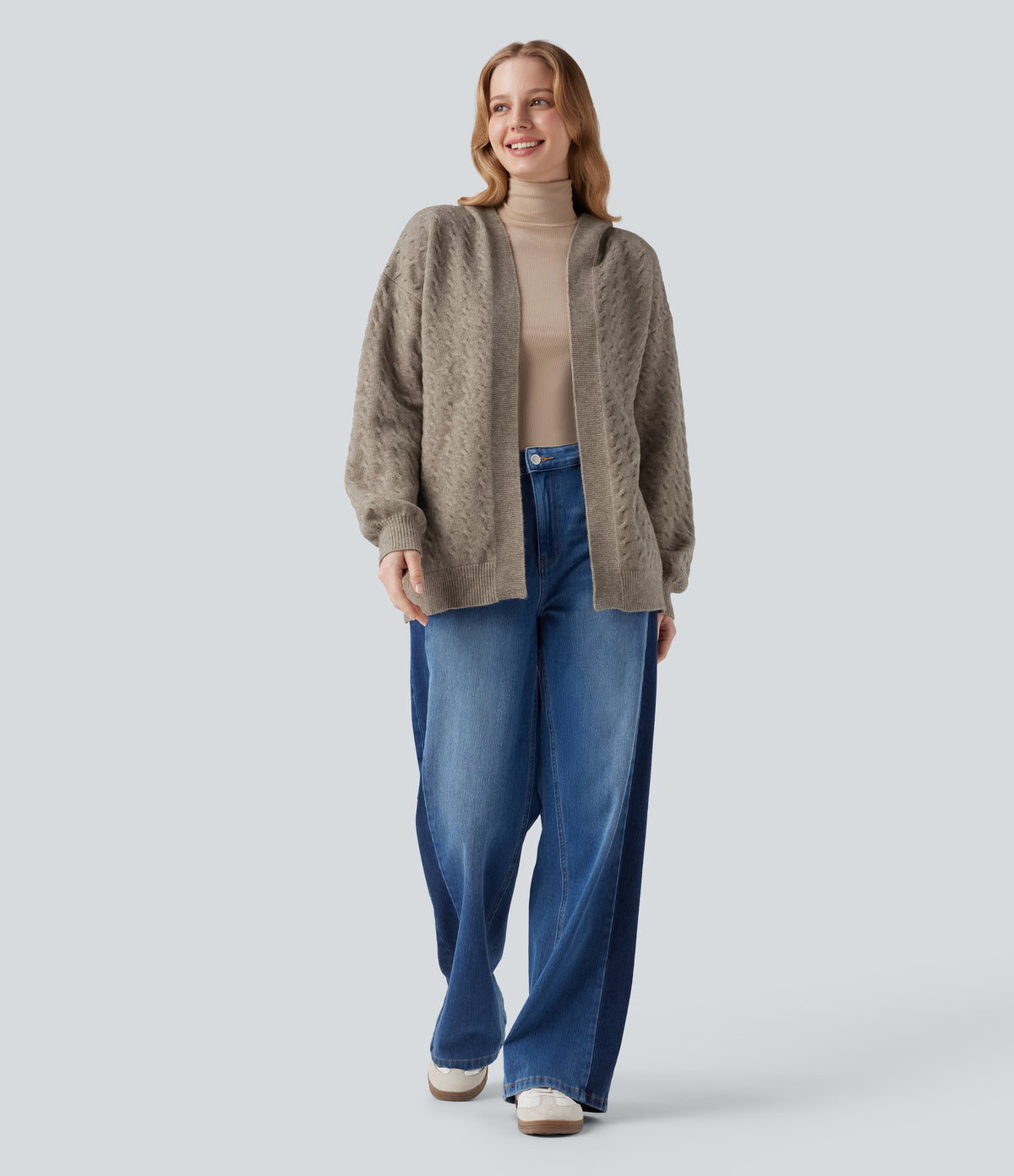 Hooded Open Front Long Sleeve Casual Cardigan — Birch Brown — view 6