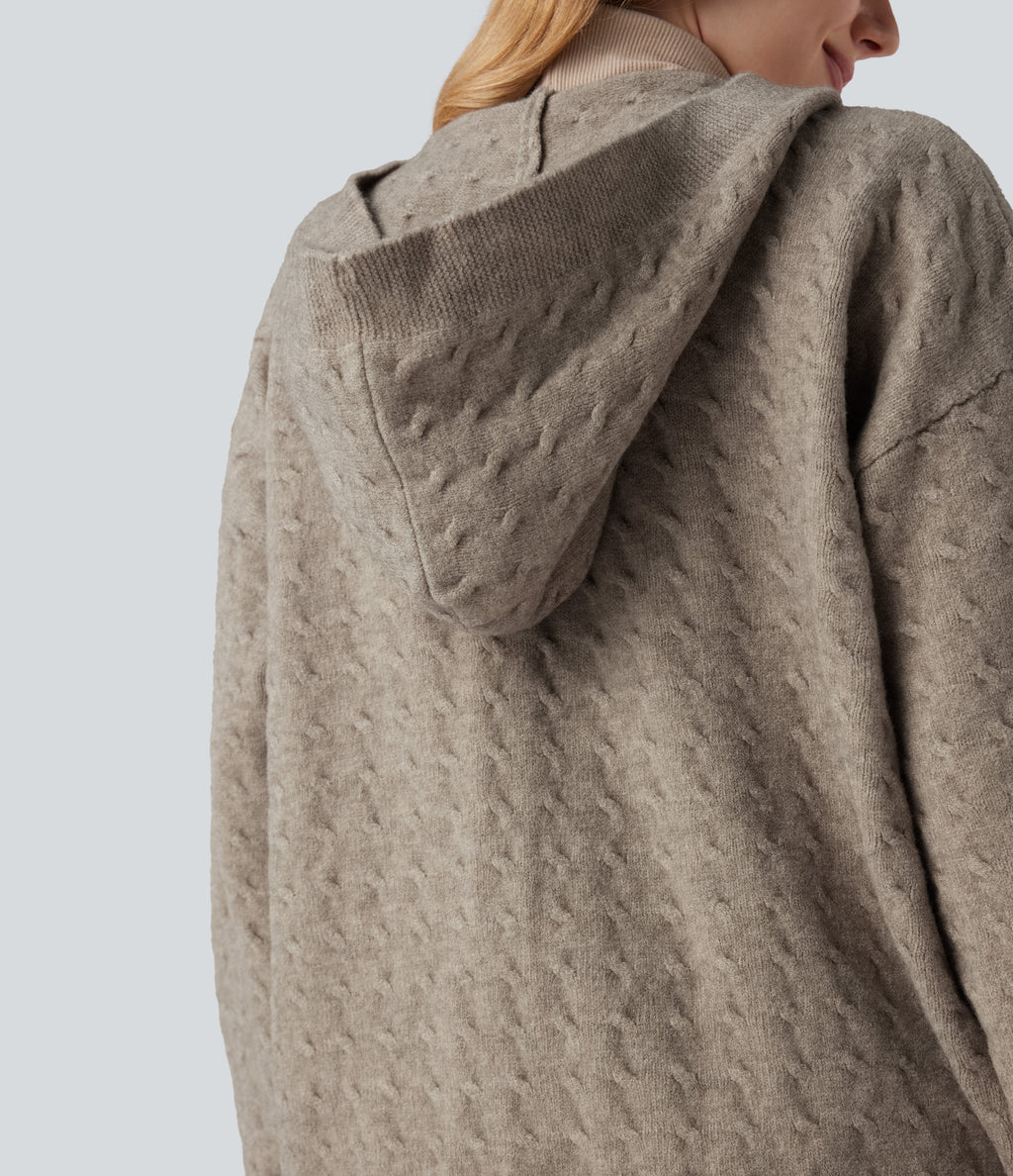 Hooded Open Front Long Sleeve Casual Cardigan — Birch Brown — view 5