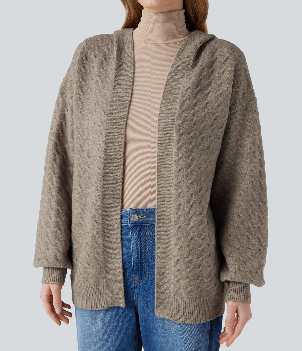 Hooded Open Front Long Sleeve Casual Cardigan — Birch Brown — view 4