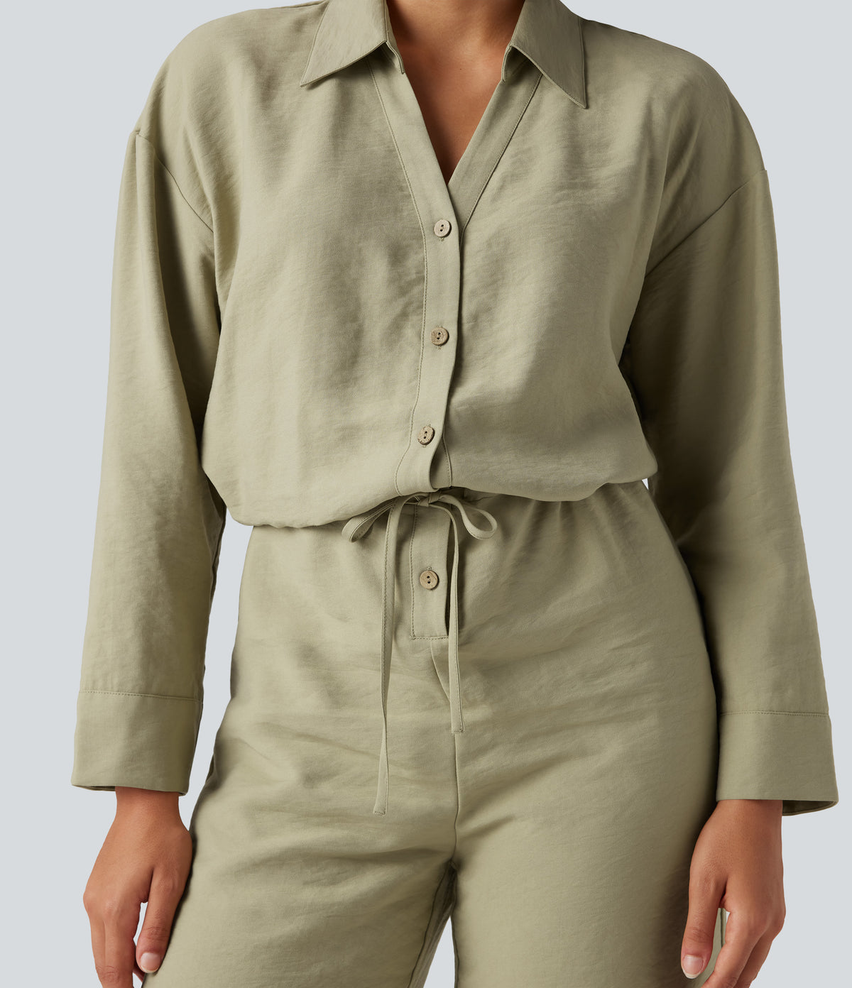 Long Sleeve Drawstring Wide Leg Work Jumpsuit with Pockets — Bog — view 5