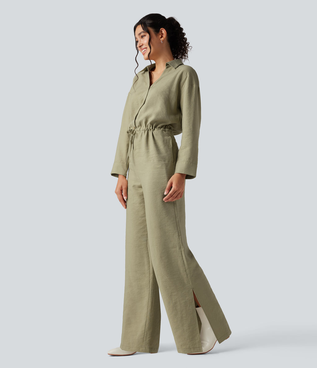Long Sleeve Drawstring Wide Leg Work Jumpsuit with Pockets — Bog — view 4