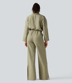 Long Sleeve Drawstring Wide Leg Work Jumpsuit with Pockets — Bog — view 2